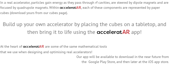 In a real accelerator, particles gain energy as they pass through rf cavities, are steered by dipole magnets and are focused by quadrupole magnets. Within acceleratAR, each of these components are represented by paper cubes (download yours from our cubes page). Build up your own accelerator by placing the cubes on a tabletop, and then bring it to life using the acceleratAR app! At the heart of acceleratAR are some of the same mathematical tools that we use when designing and optimising real accelerators! Our app will be available to download in the near future from the Google Play Store, and then later at the iOS app store. 